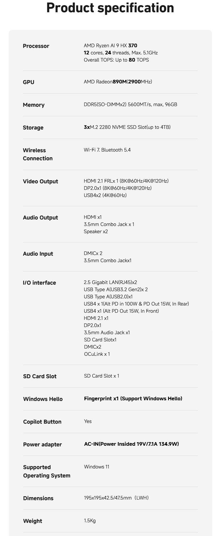 游戏迷你 PC 的完整规格（图片来源：Minisforum）