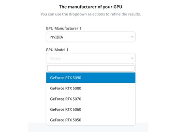 松下瓦特数计算器网页上的 RTX 50 系列 GPU（资料来源：松下）