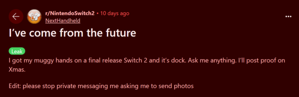 Reddit 上至少有一位匿名用户声称手中已经有了 Switch 2，并承诺将在圣诞节当天与大家分享详情。(图片来源：Reddit）