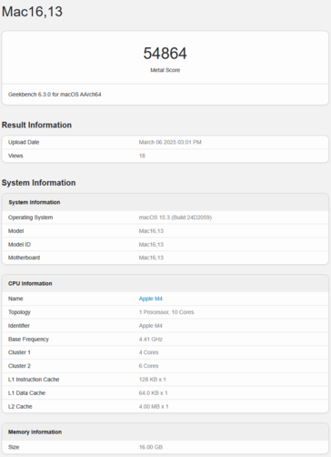 M4 MacBook Air Geekbench GPU 得分（图片来源：Geekbench）