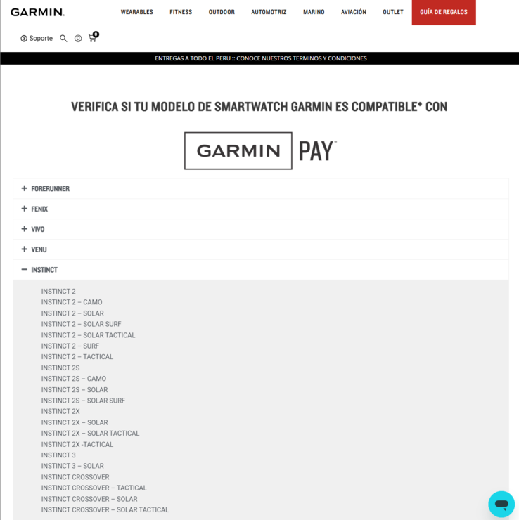 Garmin 秘鲁网站确认 Instinct 3 和 Instinct 3 Solar 智能手表的截图。(图片来源：Garmin）