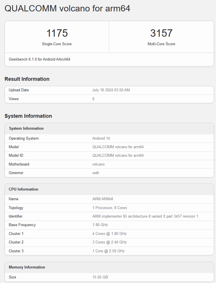 骁龙 7s Gen 3 的 Geekbench 列表还显示了单核和多核测试成绩，分别为 1,157 分和 3,157 分。(来源：Geekbench）