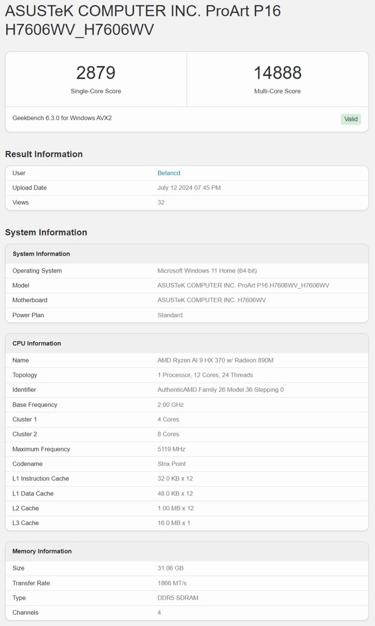 Ryzen AI 9 HX 370 Geekbench 6 测试结果。(图片来源：Geekbench）