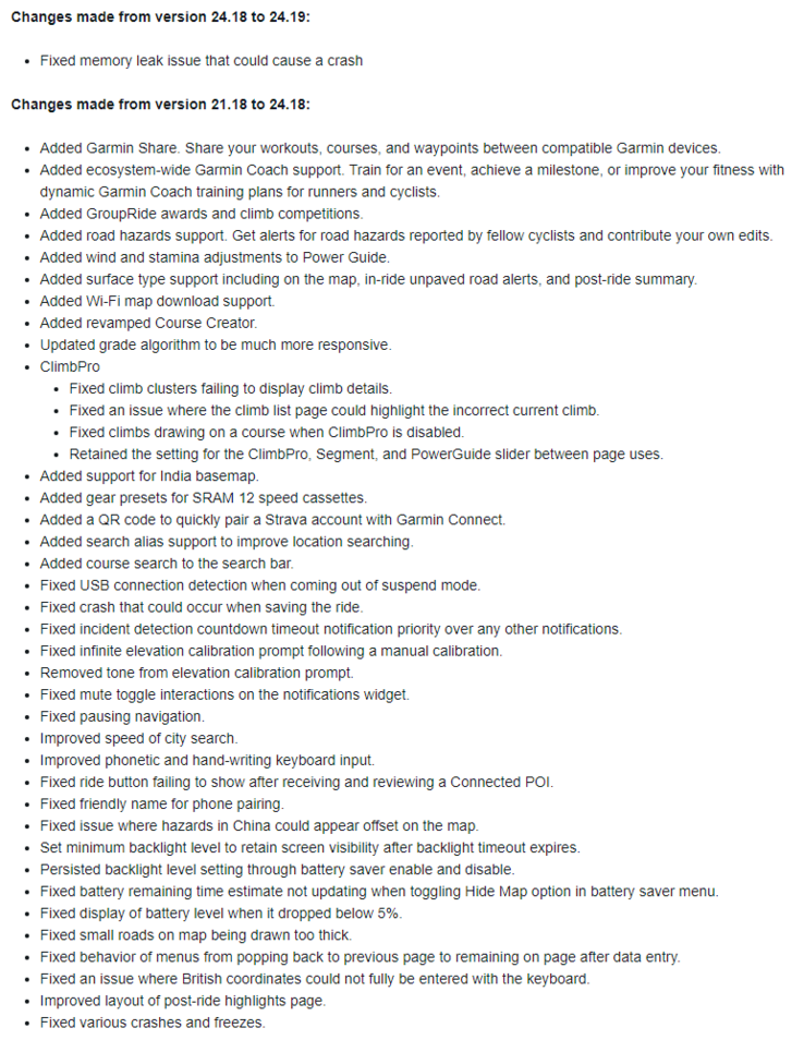 适用于部分 Garmin Edge 设备的稳定版软件 24.19 的更改日志。(图片来源：Garmin）