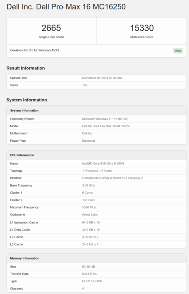 英特尔酷睿至尊 9 285H Geekbench 性能（图片来源：Geekbench）