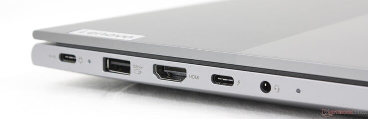 左：USB-C 3.2 Gen.2 w/ DisplayPort + Power Delivery、USB-A 3.2 Gen.1、HDMI 2.1、USB-C Thunderbolt 4 w/ DisplayPort + Power Delivery、3.5 毫米耳机