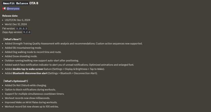 Amazfit Balance OTA 8 更新的更改日志。(图片来源：Zepp Health）