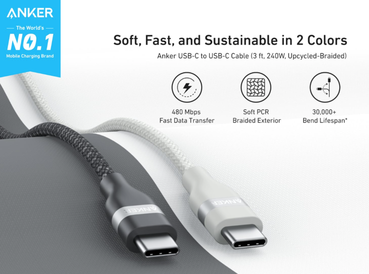 最近推出的 Anker USB-C to USB-C 电缆（240W，Upcycled-Braided）。(图片来源：Anker）