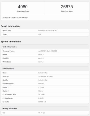 Apple M4 Max Geekbench CPU 性能（图片来源：Geekbench）