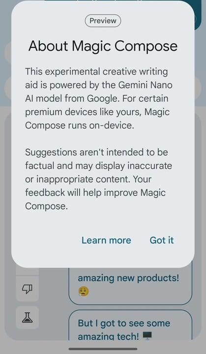 在 Gemini Nano 机型上运行的谷歌信息应用程序的 Magic Compose 功能。(图片来源：Android Authority）