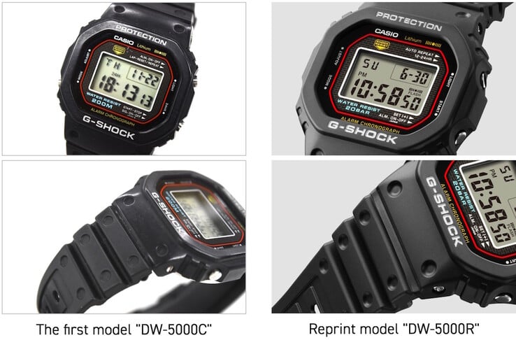 卡西欧 DW-5000R G-Shock 精心复制了表壳表圈周围的字母、表带凹痕和灯光按钮位置等细节，与原版 DW-5000C 遥相呼应。(图片来源：卡西欧日本）