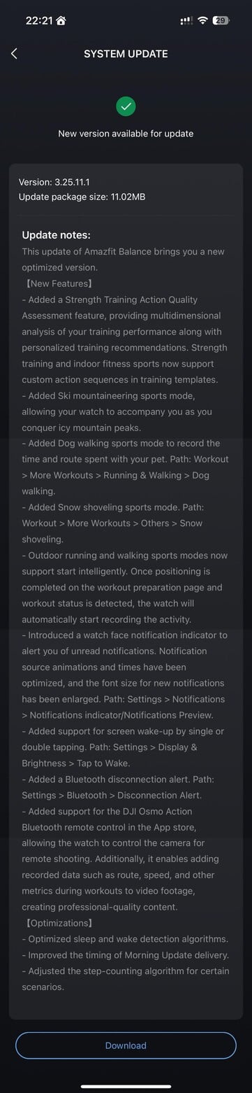 Amazfit Balance 3.25.11.1 版本更新的完整发布说明。(图片来源：u/Nurkamol via Reddit）