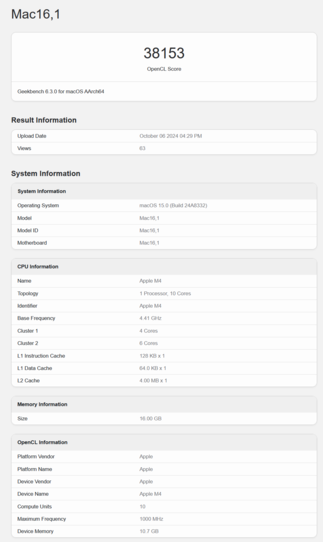 Apple M4 GPU 性能（图片来源：Geekbench）