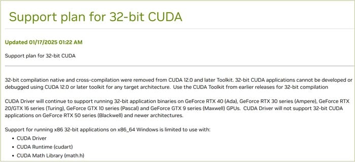 Nvidia 关于未来 32 位 CUDA 支持的通知。(图片来源：Nvidia）