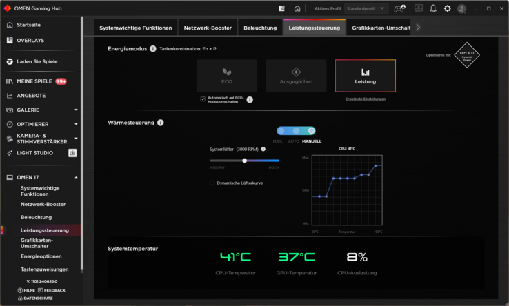 Omen Gaming Hub 允许对风扇进行单独调节。