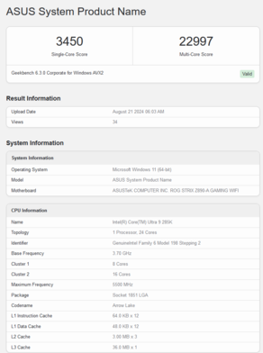 英特尔酷睿至尊 9 285K Geekbench 跑分（图片来源：Geekbench）