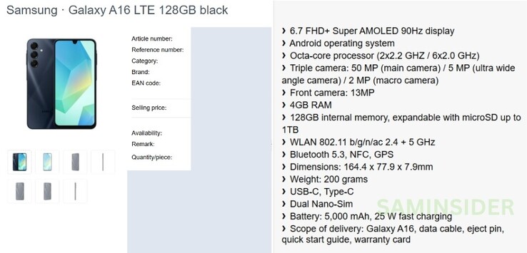 Galaxy A16 的完整规格细目...