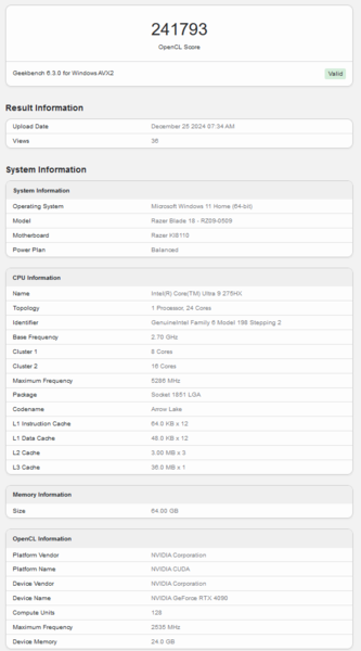 Razer Blade 18 Geekbench 列表（图片来源：Geekbench）