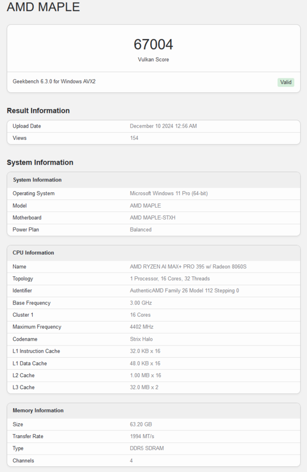 AMD Ryzen AI Max+ Pro 395 Geekbench Vulkan 得分（图片来源：Geekbench）