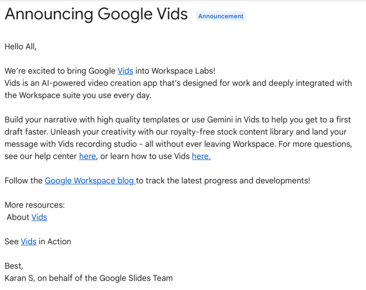 今天早些时候发布的关于在 Workspace Labs 中推出 Google Vids 的公告。(来源：Google 支持）