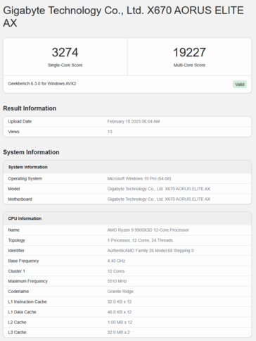 Ryzen 9 9900X3D Geekbench（图片来源：Geekbench）