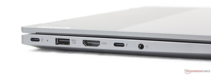 左： USB-C w/ PD 3.0 + DisplayPort 1.4 (10 Gbps)、UAB-A (5Gbps)、HDMI (4K60)、USB-C w/ Thunderbolt 4 + PD + DP 1.4、3.5 毫米耳机