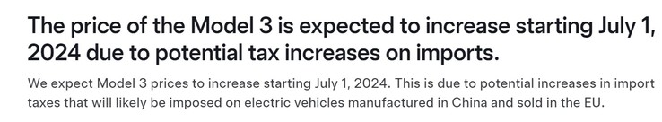 特斯拉还警告欧洲的 Model 3 买家，在新关税生效前提货。