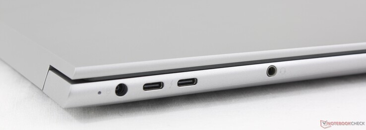 左：电源、2 个 USB-C 4.0 和 Thunderbolt 4（40 GBit/s、DisplayPort-ALT 1.4）、3.5 毫米立体声耳机