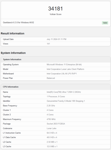 英特尔 Arc 140V Vulkan 得分（图片来自 Geekbench）