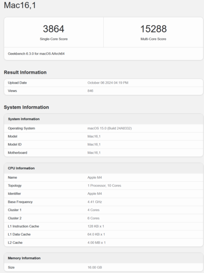 Apple M4 CPU 性能（图片来源：Geekbench）