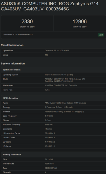 Ryzen 9 8945HS Geekbench 列表（图片来自 Geekbench）