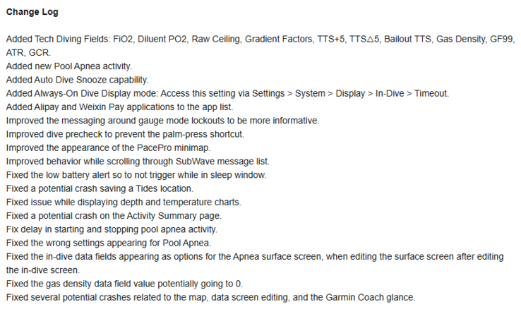 Garmin Descent Mk3 系列可穿戴设备软件版本 19.49 的更改日志。(图片来源：Garmin）