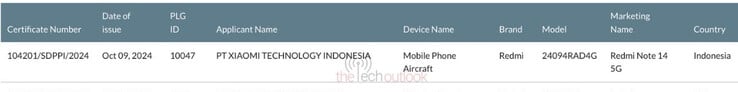 Redmi Note 14 关于 SDPPI（图片来源：The Tech Outlook）