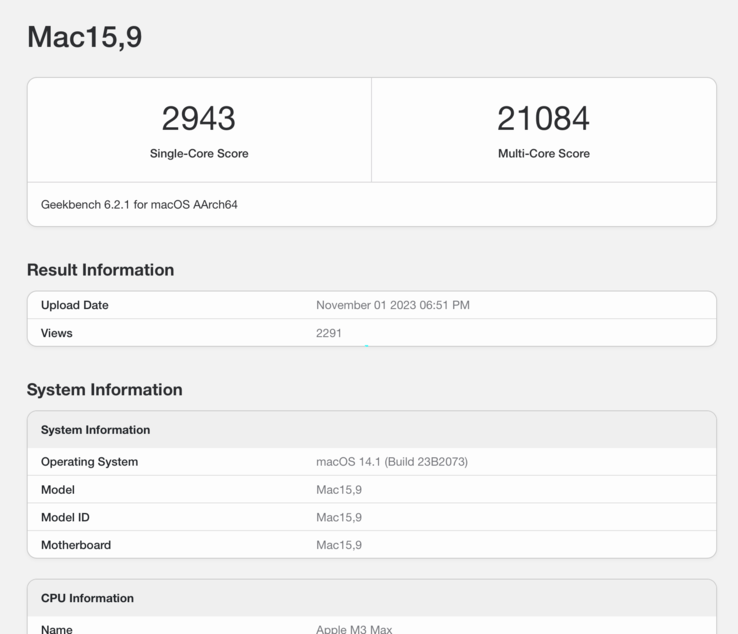 AppleM3 Max 在 Geekbench 6 基准测试中表现出色。(来源：Geekbench 6）