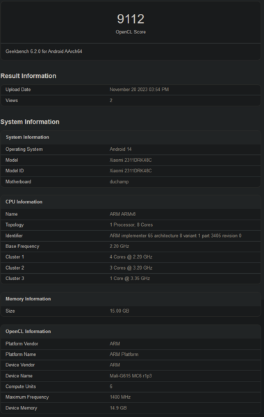 联发科 Dimensity 8300 Geekbench OpenCL 基准测试（图片来自 Geekbench）