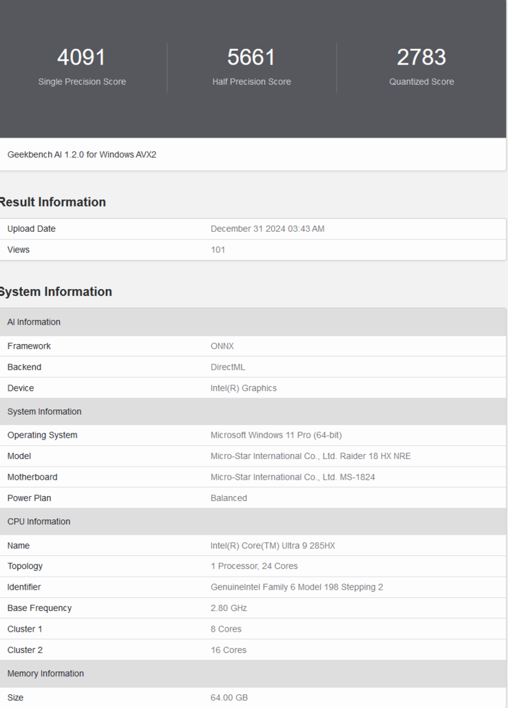 微星 Raider 18 HX Geekbench AI 列表（图片来源：Geekbench）