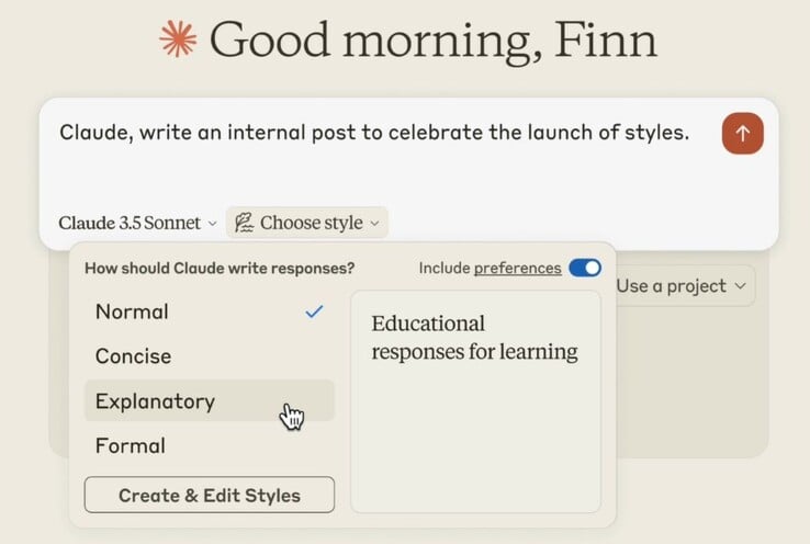 Anthropic 为人工智能克劳德的正常回复风格添加了简明、解释和正式的写作风格。(图片来源：Anthropic）