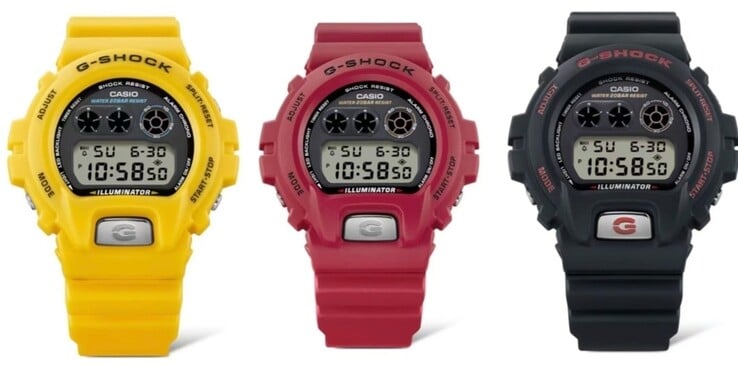 卡西欧 G-Shock DW-6900 系列，有黄色 (DW-6900TR-9)、红色 (DW-6900TR-4) 和黑色 (DW-6900TR-1)。