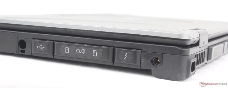 右侧电池/扩展插槽、触控笔（触摸屏可选）、USB-A 3.2 Gen.1、迷你 SIM 卡（可选）、3.5 毫米耳机、MicroSD 读卡器、USB-C 雷电 4 w/ Power Delivery + DisplayPort、交流适配器端口