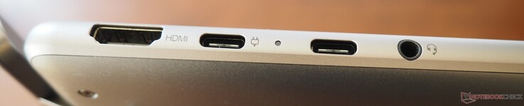 左侧：HDMI 2.1、USB-C 3.1（DP 1.3、PD）、USB-C 4（DP 1.4、PD）、3.5 毫米插孔（线路输入/输出）