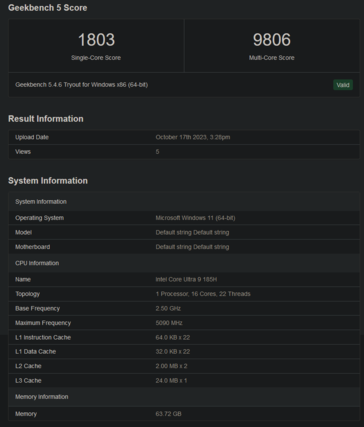 Core Ultra 9 185H Geekbench 列表（图片来自 Geekbench）