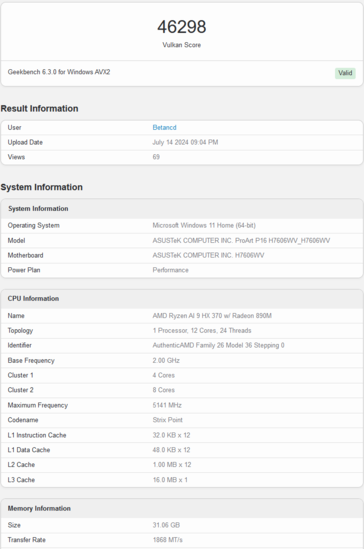 AMD Radeon 890M Geekbench Vulkan 得分（图片来自 Geekbench）