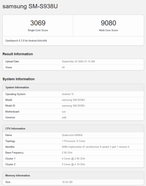 Galaxy 的高通骁龙 8 代 4（图片来源：Geekbench）