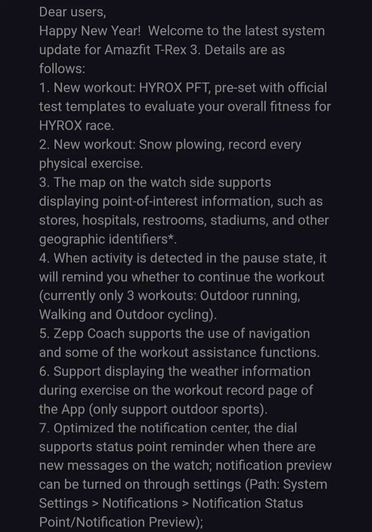 用于 T-Rex 3 智能手表的 Amazfit 3.4.4.7 版软件的发布说明。(图片来源：u/Ech0ke via Reddit）