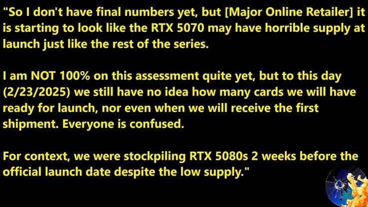 RTX 5070 发布股票信息。(图片来源：摩尔定律已死）