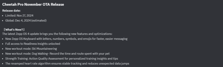 Amazfit Cheetah Pro 11 月 OTA 版本的更改日志。(图片来源：Zepp Health via Discord）