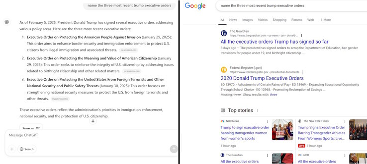 ChatGPT（左）在回答问题时提供正确答案，而不是像谷歌（右）那样提供搜索结果列表。(图片来源：Notebookcheck.net）