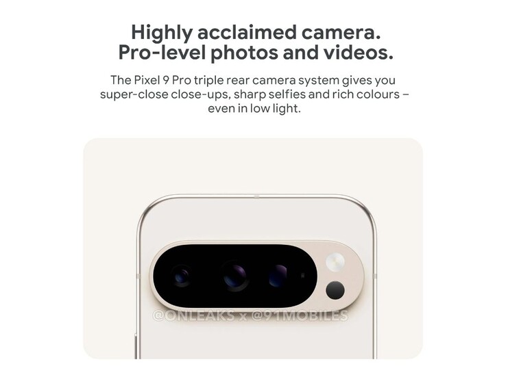 Pixel 9 Pro 将配备 5000 万像素广角、4800 万像素超广角和 4800 万像素长焦传感器。(来源：@OnLeaks x 91Mobiles）