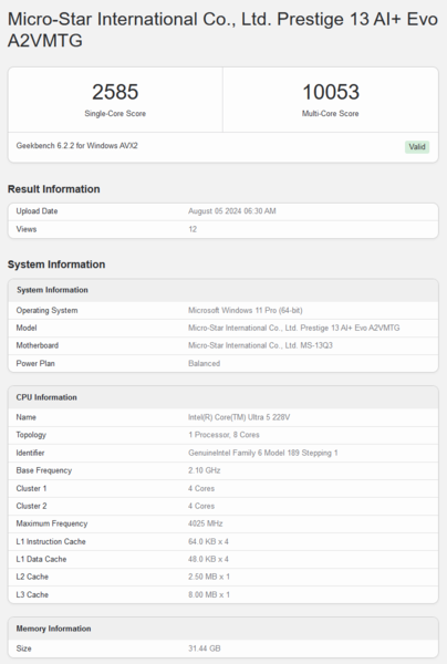 酷睿至尊 6 228V Geekbench 跑分（图片来源：Geekbench）