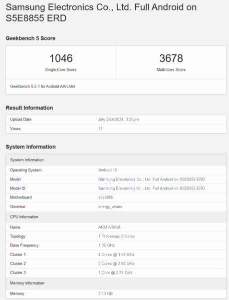 Exynos 1580 Geekbench 5.5 评分（图片来源：Geekbench）